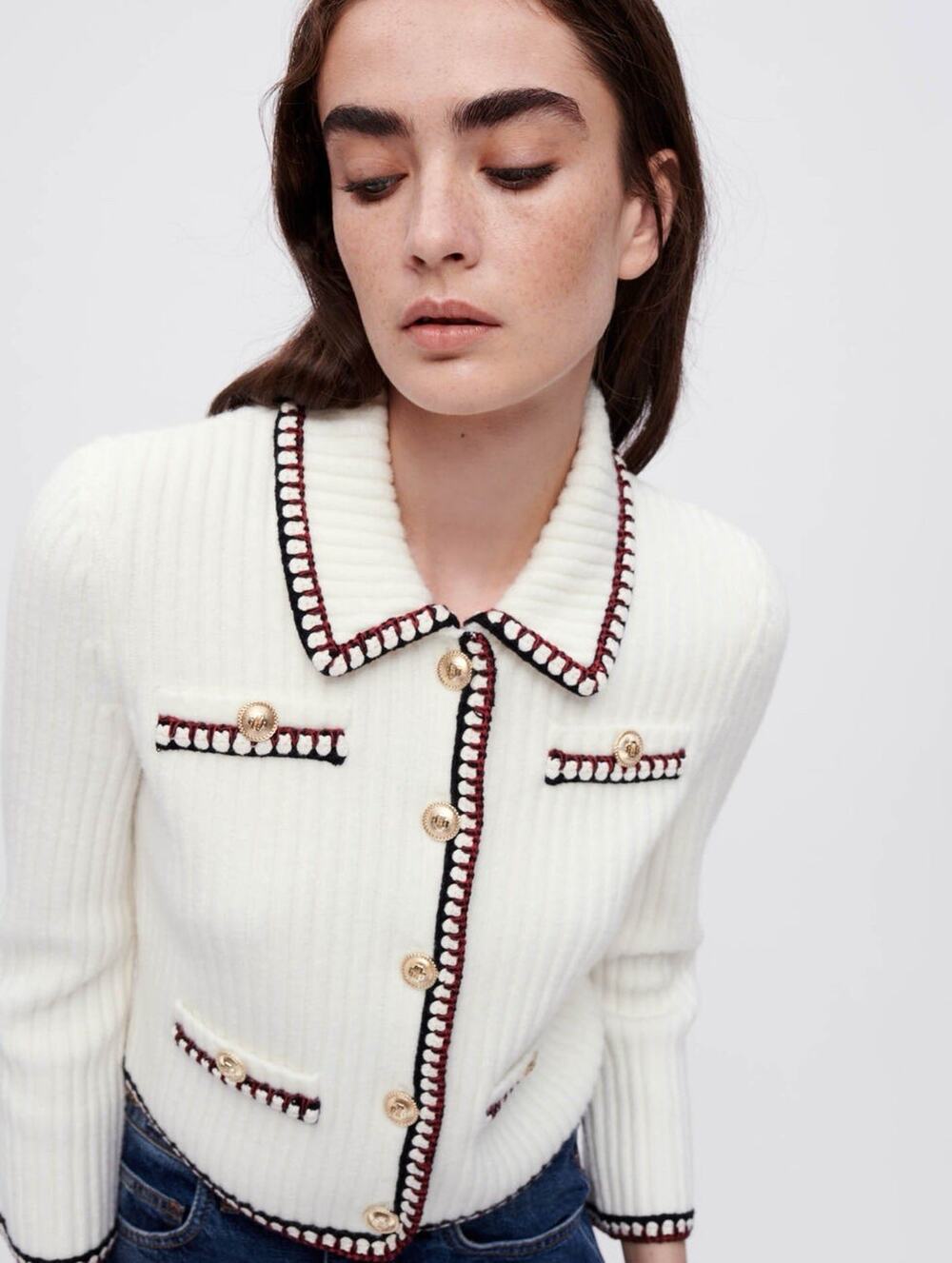 Maje Ribbed Cropped Cardigan Jacket Cream Contrast Trim Size 2 (6-8) Medium